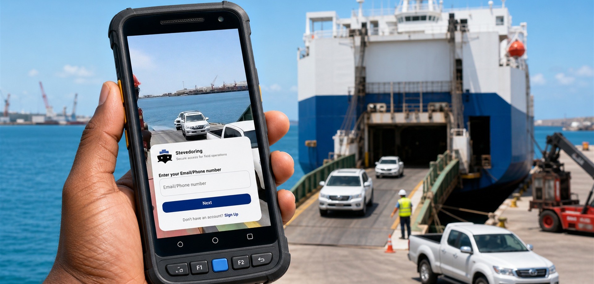 The Stevedoring App running on a rugged field scanner at a RORO port